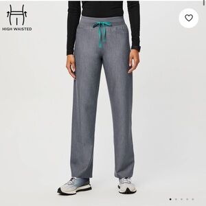 Figs High-Waisted Straight Leg Gray Pants with Teal Drawstring